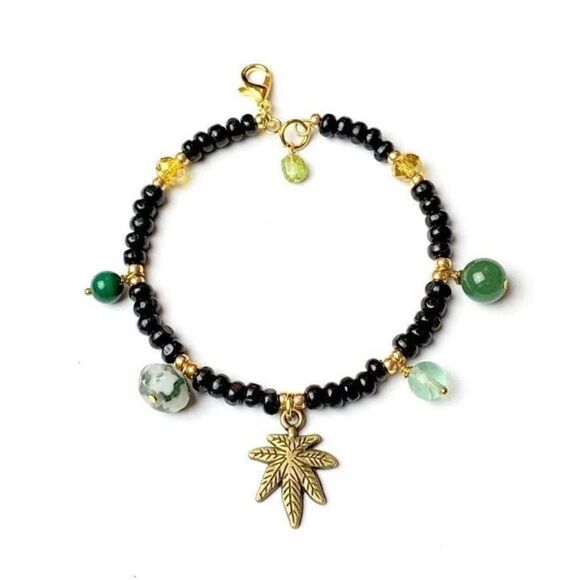 GEMSTONED™ Pot Leaf Bracelet Hemp Aventurine Malachite Peridot Fluorite Agate - Picture 1 of 5
